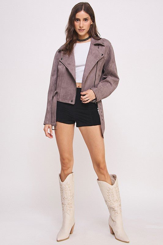 BELTED LONG SLEEVE ZIPPERED SUEDE MOTO JACKET - Bitsy Gypsy Boutique