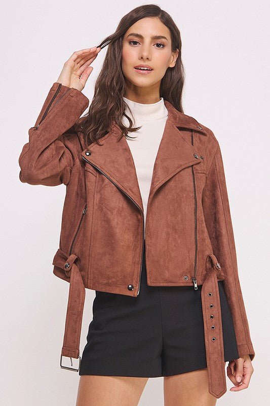 BELTED LONG SLEEVE ZIPPERED SUEDE MOTO JACKET - Bitsy Gypsy Boutique