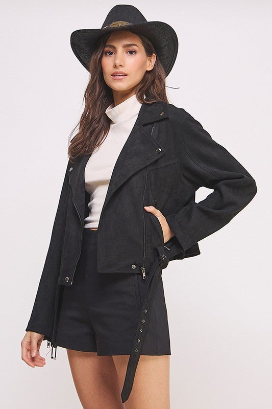 BELTED LONG SLEEVE ZIPPERED SUEDE MOTO JACKET - Bitsy Gypsy Boutique