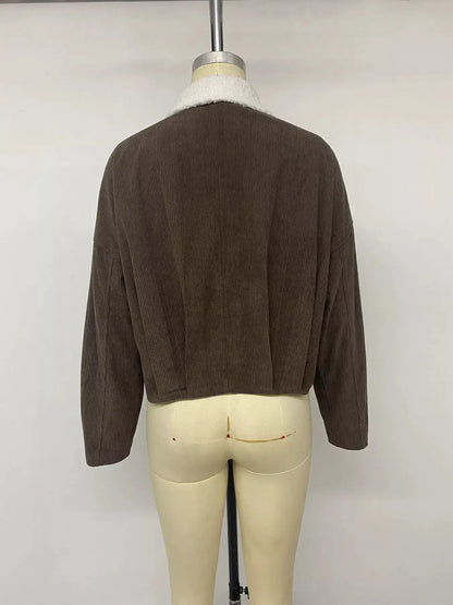 Contrast Sherpa Collar Corduroy Zip Up Jacket by Trendsi