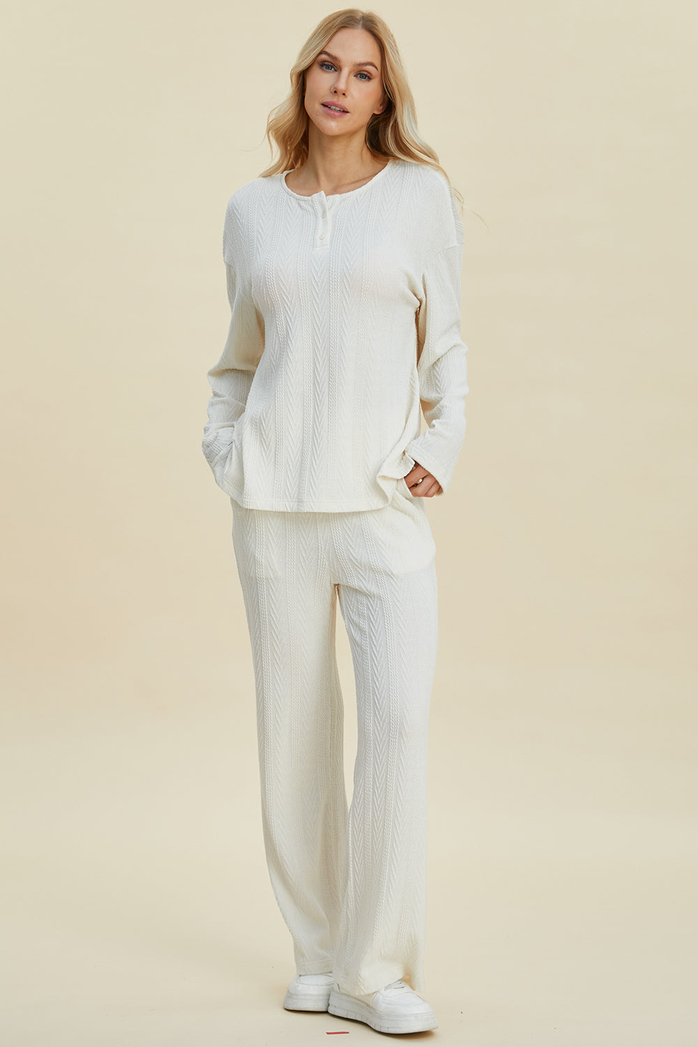 Double Take Full Size Cable-Knit Long Sleeve Top and Pants Set