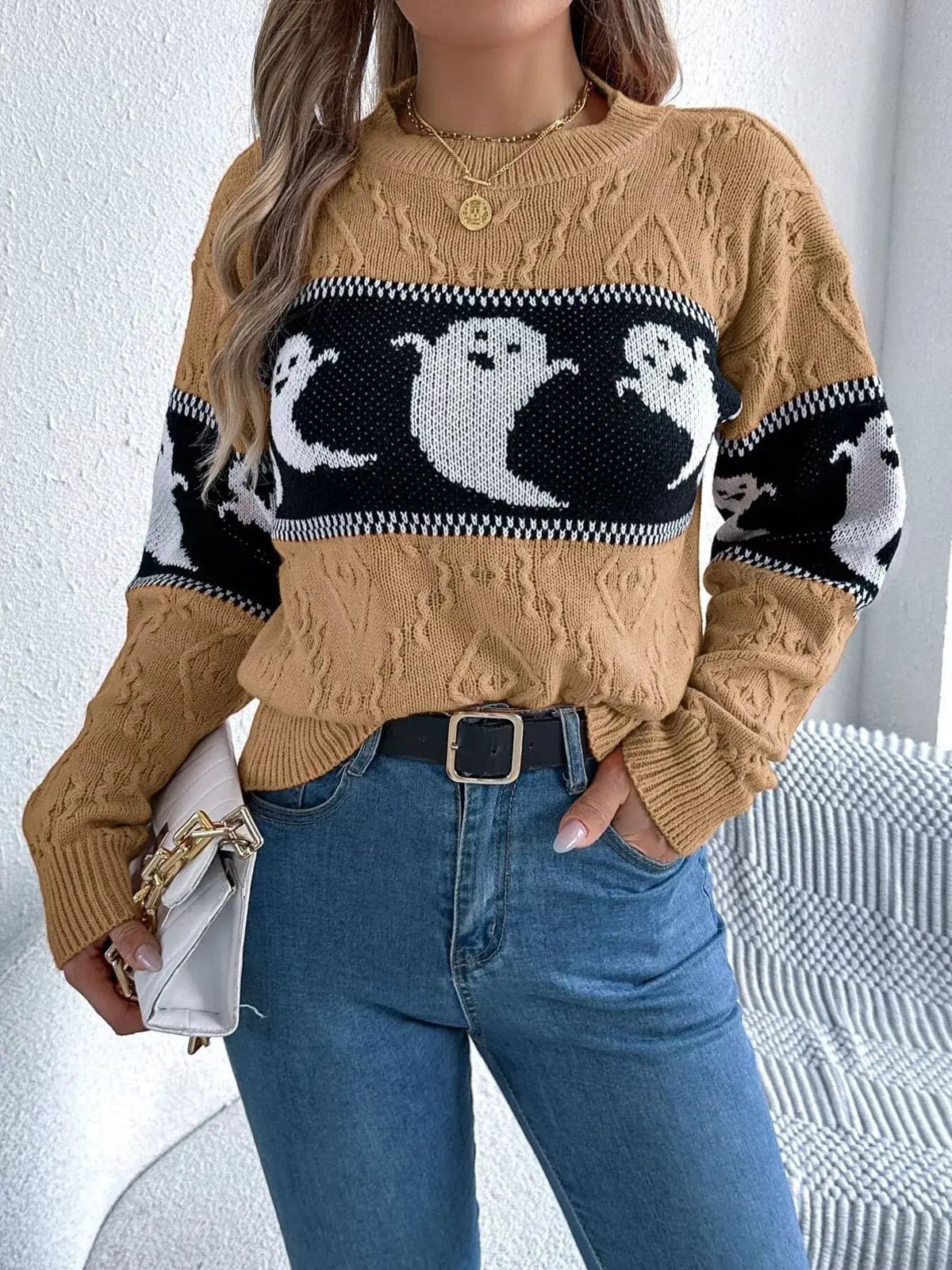 Halloween Ghost Pattern Textured Sweater by Trendsi