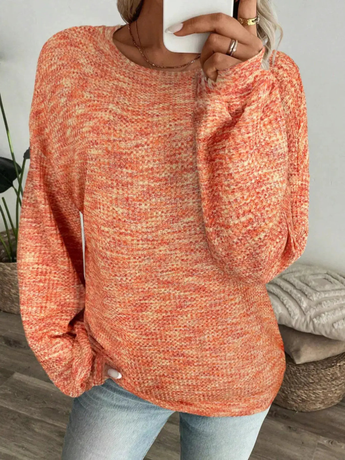 Space-Dyed Long Sleeve Waffle-Knit Top by Trendsi