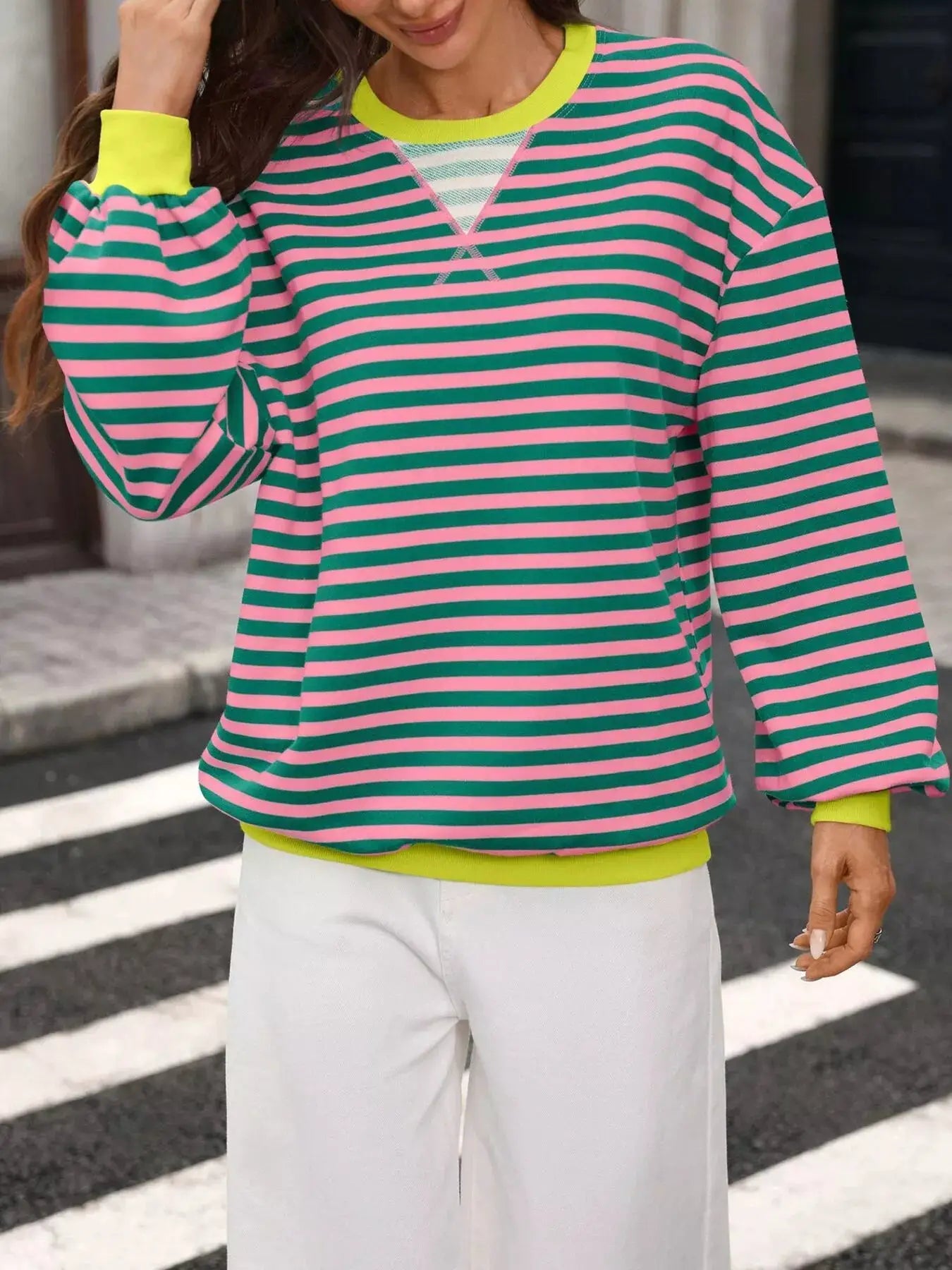 Contrast Trim Striped Crew Neck Sweatshirt by Trendsi