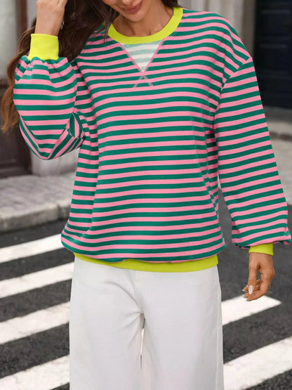 Contrast Trim Striped Crew Neck Sweatshirt by Trendsi