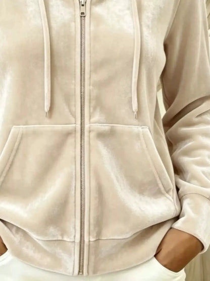 Full Size Velvet Zip-Up Hoodie with Drawstring Plus Size by Trendsi
