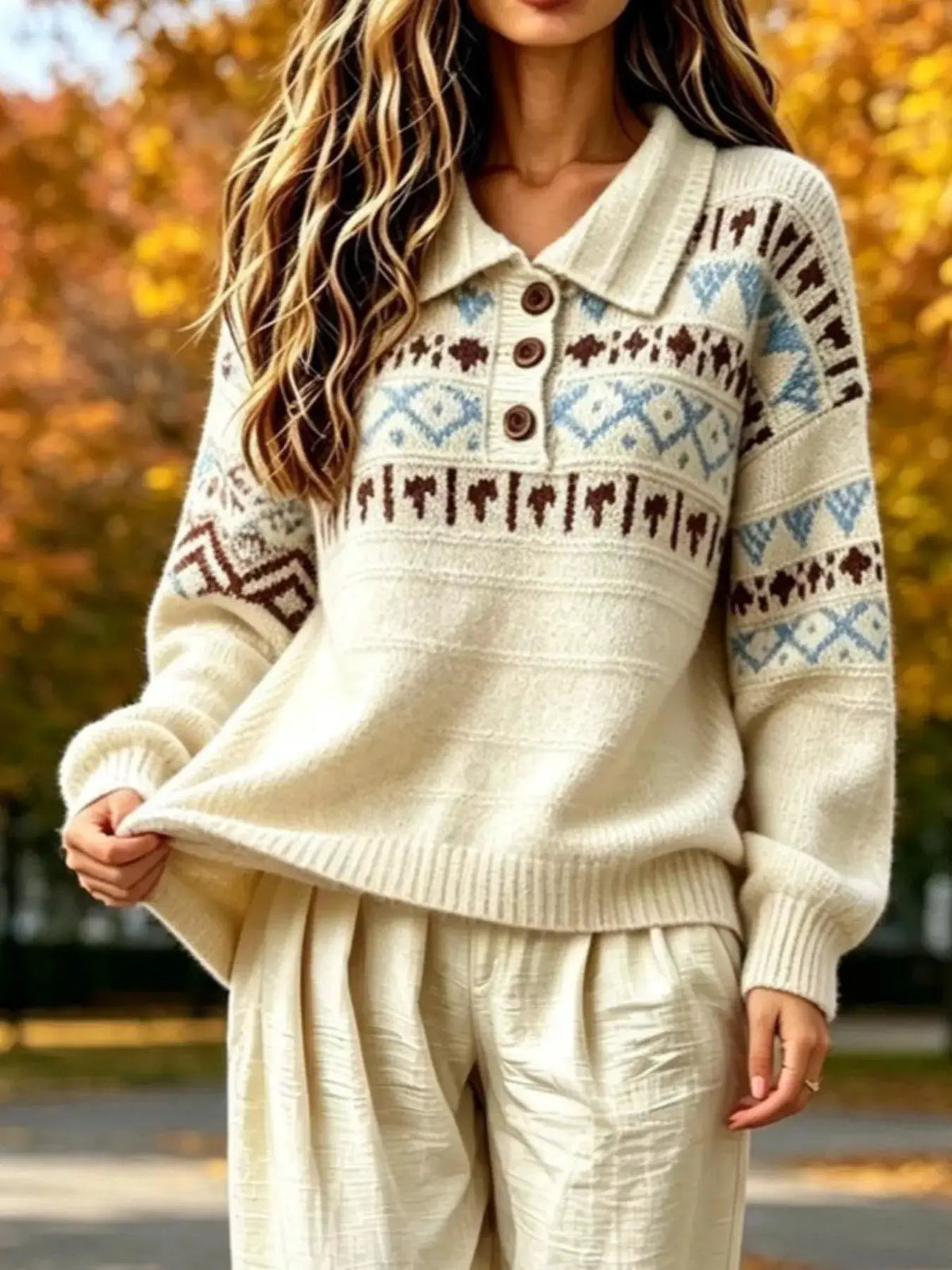 Full Size Vintage Fair Isle Pattern Polo Collar Sweater Plus Size by Trendsi
