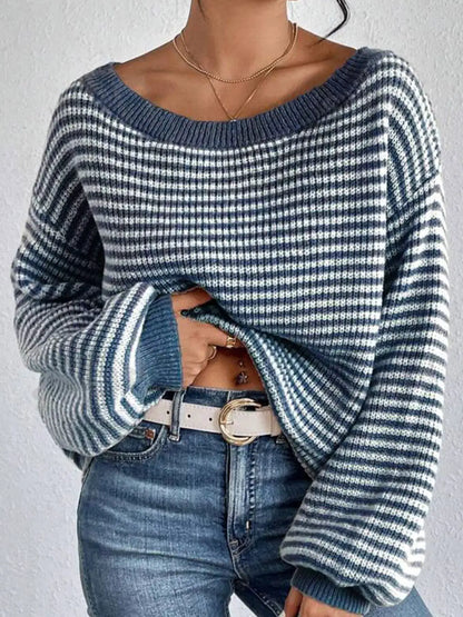 Striped Knit Boat Neck Sweater by Trendsi