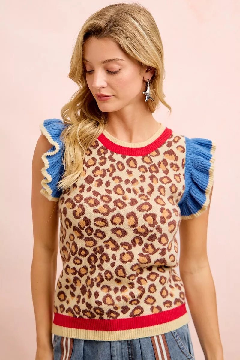 BiBi 4th Of July Leopard Ruffled Detail Knit Top - Bitsy Gypsy Boutique