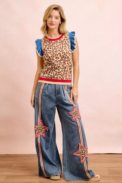BiBi 4th Of July Leopard Ruffled Detail Knit Top - Bitsy Gypsy Boutique
