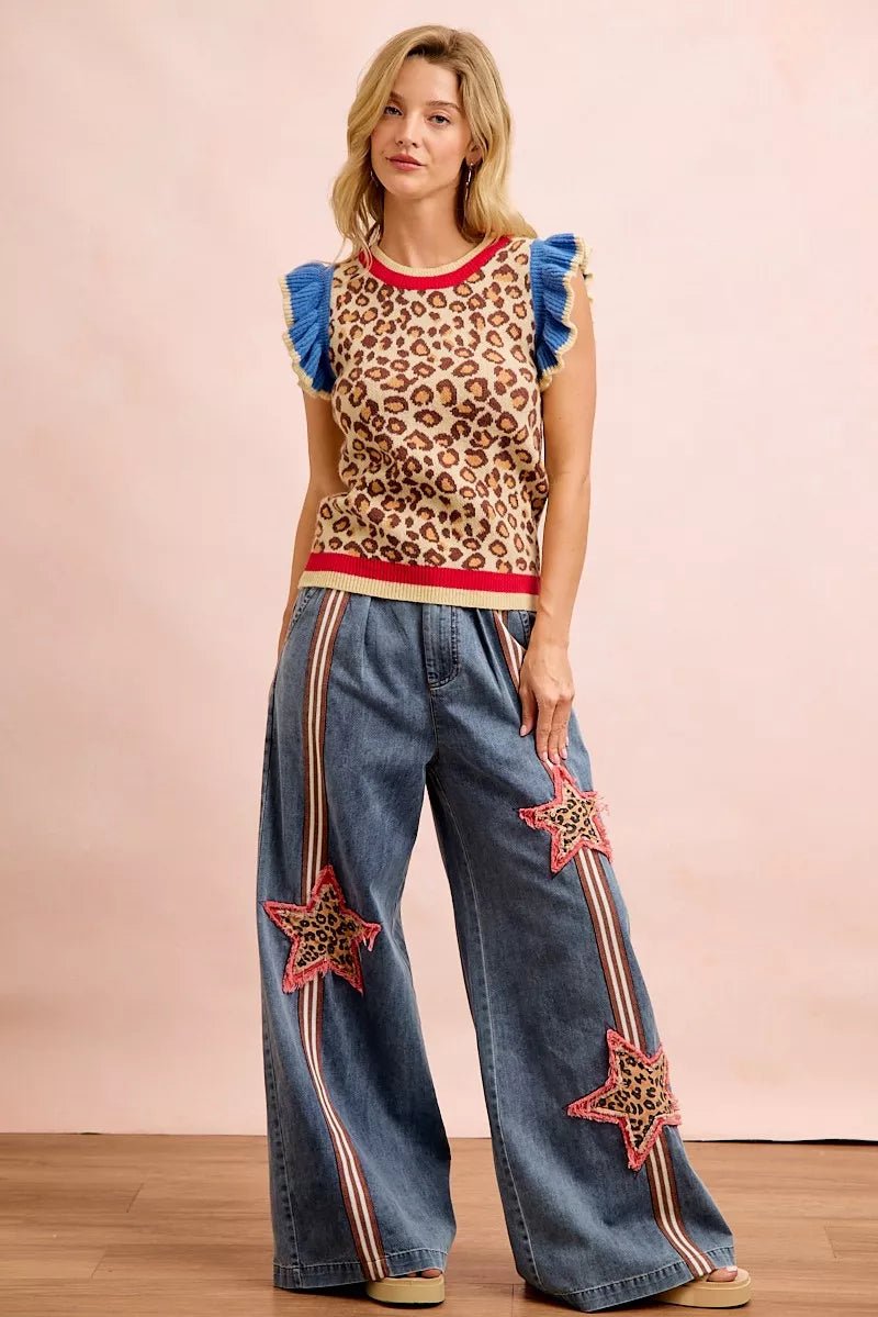 BiBi 4th Of July Leopard Ruffled Detail Knit Top - Bitsy Gypsy Boutique