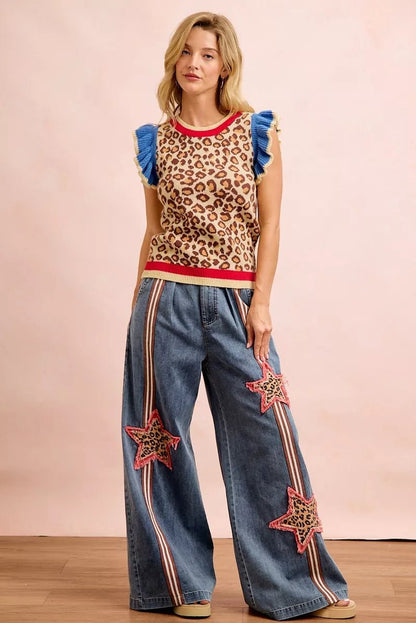BiBi 4th Of July Leopard Ruffled Detail Knit Top - Bitsy Gypsy Boutique