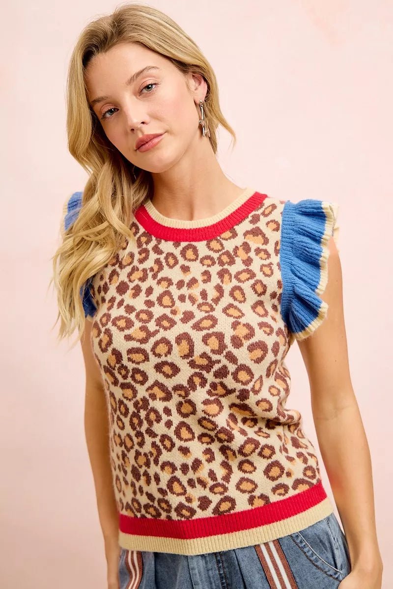 BiBi 4th Of July Leopard Ruffled Detail Knit Top - Bitsy Gypsy Boutique