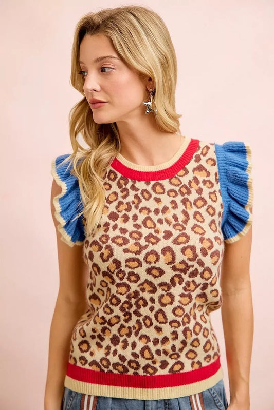 BiBi 4th Of July Leopard Ruffled Detail Knit Top - Bitsy Gypsy Boutique