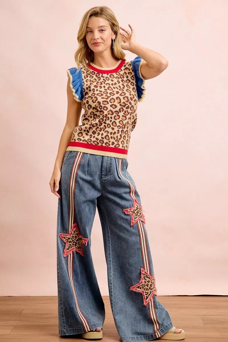BiBi 4th Of July Leopard Ruffled Detail Knit Top - Bitsy Gypsy Boutique