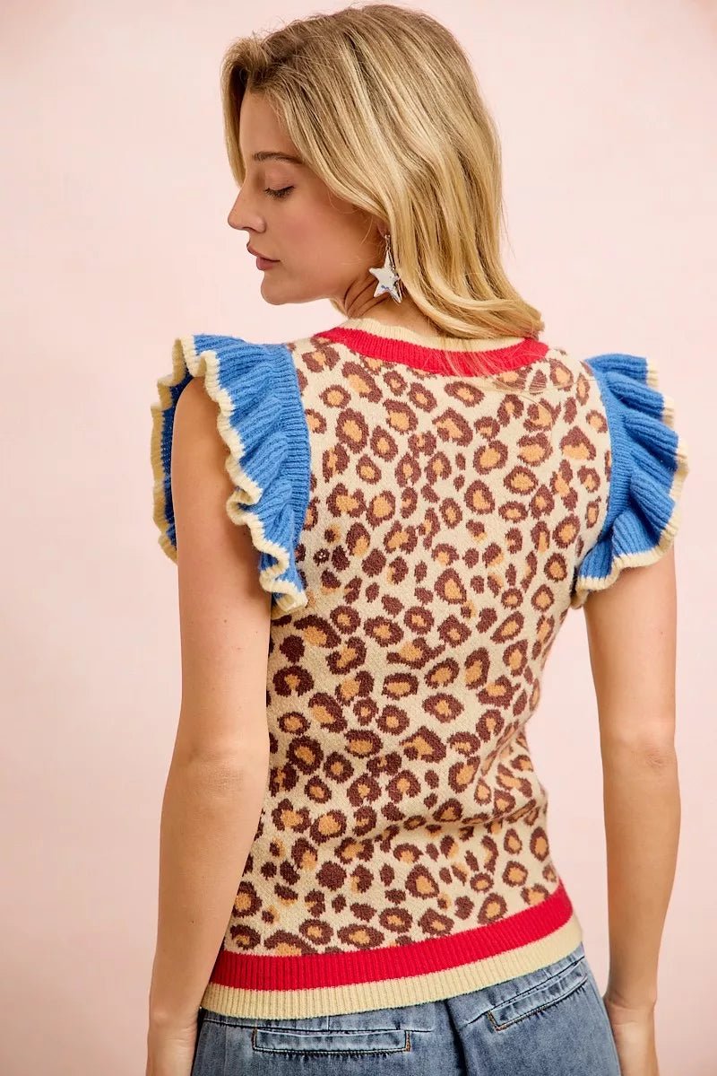 BiBi 4th Of July Leopard Ruffled Detail Knit Top - Bitsy Gypsy Boutique