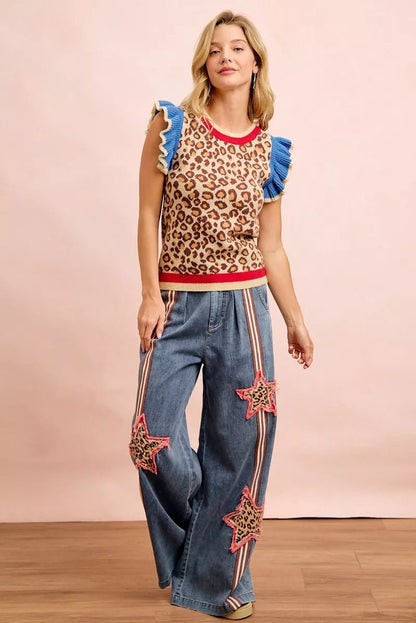 BiBi 4th Of July Leopard Ruffled Detail Knit Top - Bitsy Gypsy Boutique