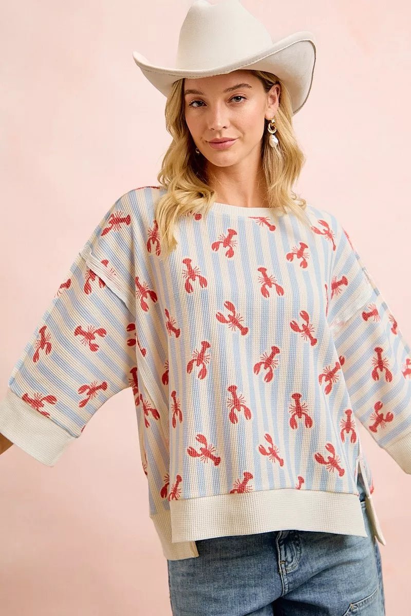 BiBi 4th Of July Lobsters Stripe Waffle Knit Sleeve Top - Bitsy Gypsy Boutique