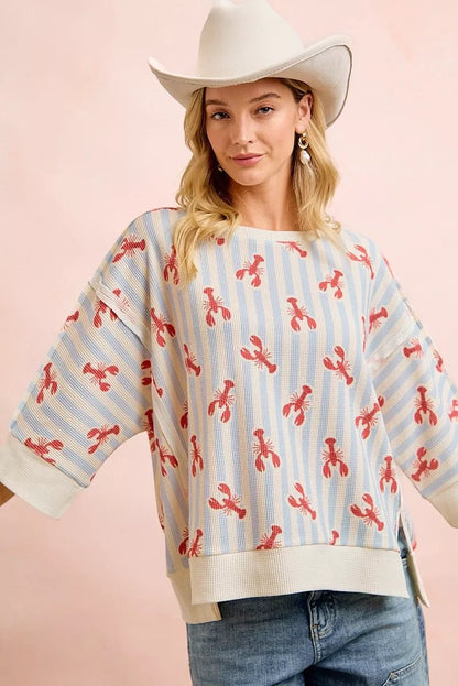 BiBi 4th Of July Lobsters Stripe Waffle Knit Sleeve Top - Bitsy Gypsy Boutique