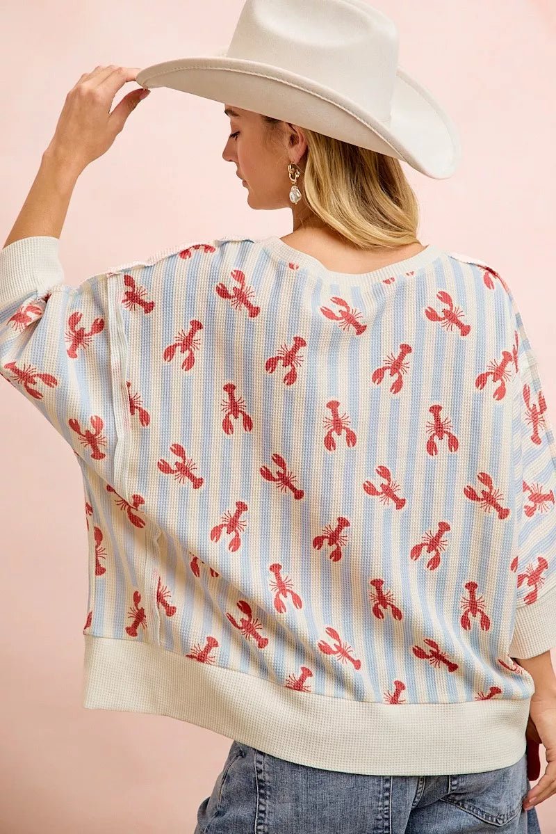 BiBi 4th Of July Lobsters Stripe Waffle Knit Sleeve Top - Bitsy Gypsy Boutique