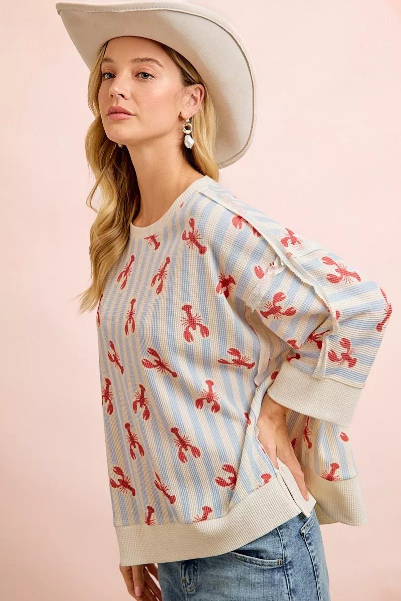 BiBi 4th Of July Lobsters Stripe Waffle Knit Sleeve Top - Bitsy Gypsy Boutique