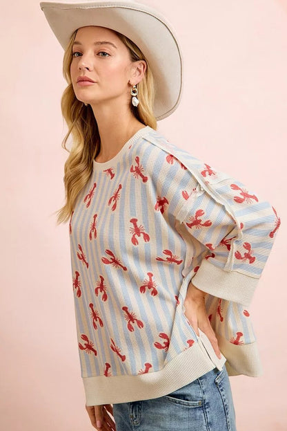 BiBi 4th Of July Lobsters Stripe Waffle Knit Sleeve Top - Bitsy Gypsy Boutique