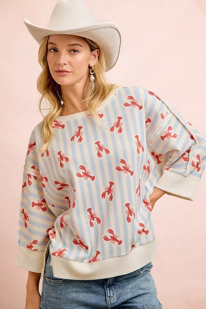 BiBi 4th Of July Lobsters Stripe Waffle Knit Sleeve Top - Bitsy Gypsy Boutique