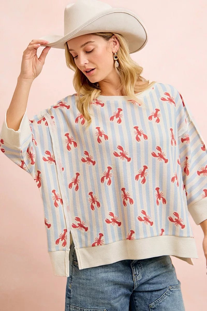 BiBi 4th Of July Lobsters Stripe Waffle Knit Sleeve Top - Bitsy Gypsy Boutique