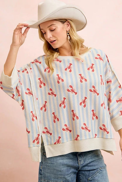 BiBi 4th Of July Lobsters Stripe Waffle Knit Sleeve Top - Bitsy Gypsy Boutique