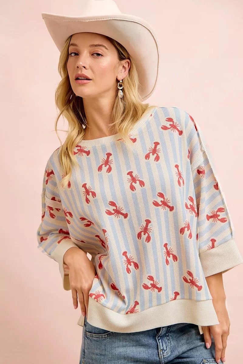 BiBi 4th Of July Lobsters Stripe Waffle Knit Sleeve Top - Bitsy Gypsy Boutique