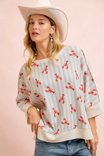 BiBi 4th Of July Lobsters Stripe Waffle Knit Sleeve Top - Bitsy Gypsy Boutique