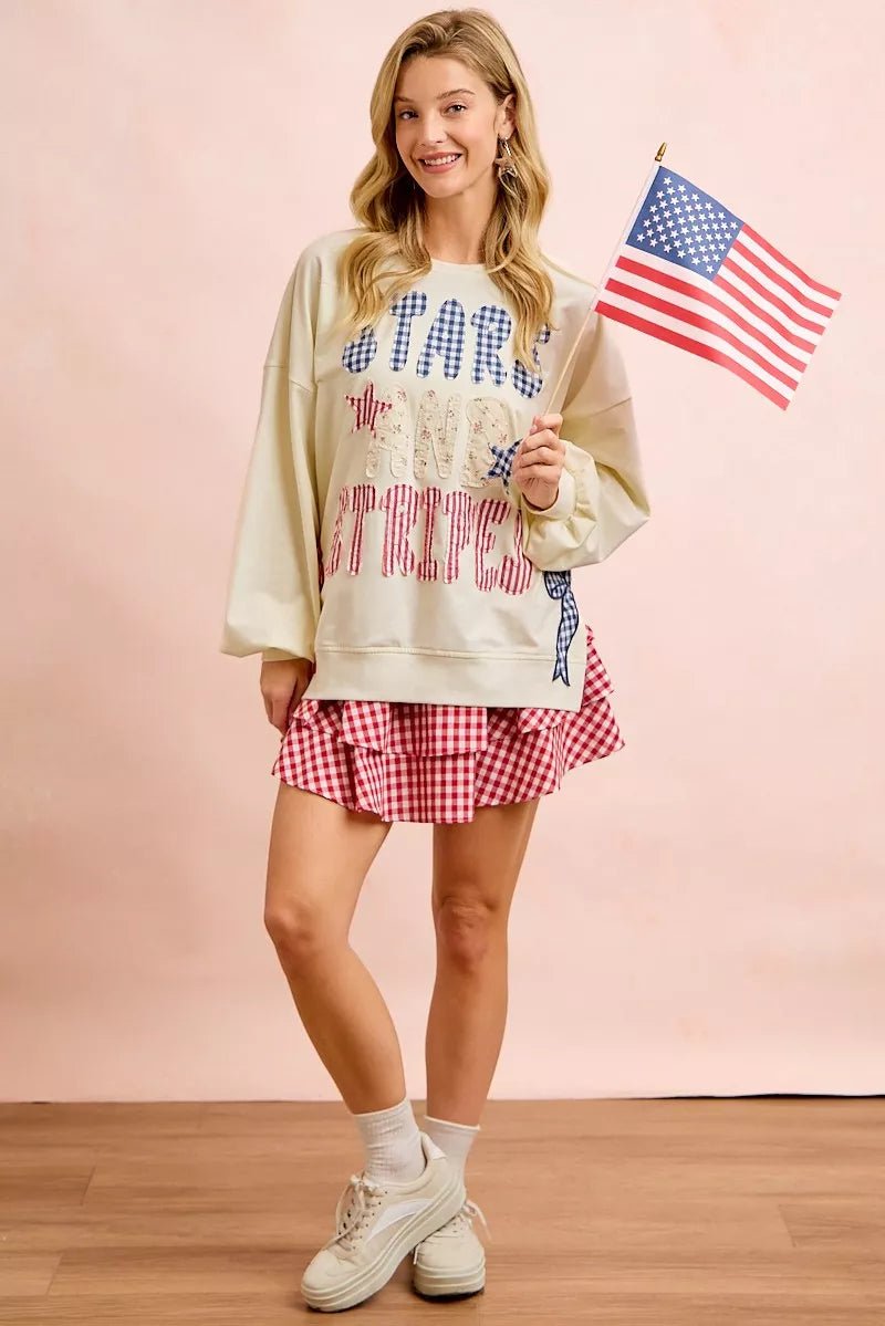 BiBi 4th Of July Stars And Stripes Patches Sweatshirt - Bitsy Gypsy Boutique