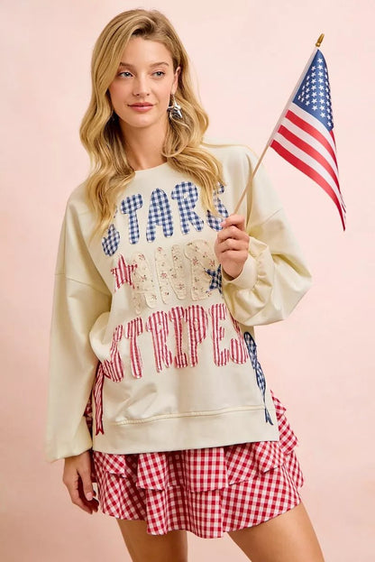 BiBi 4th Of July Stars And Stripes Patches Sweatshirt - Bitsy Gypsy Boutique