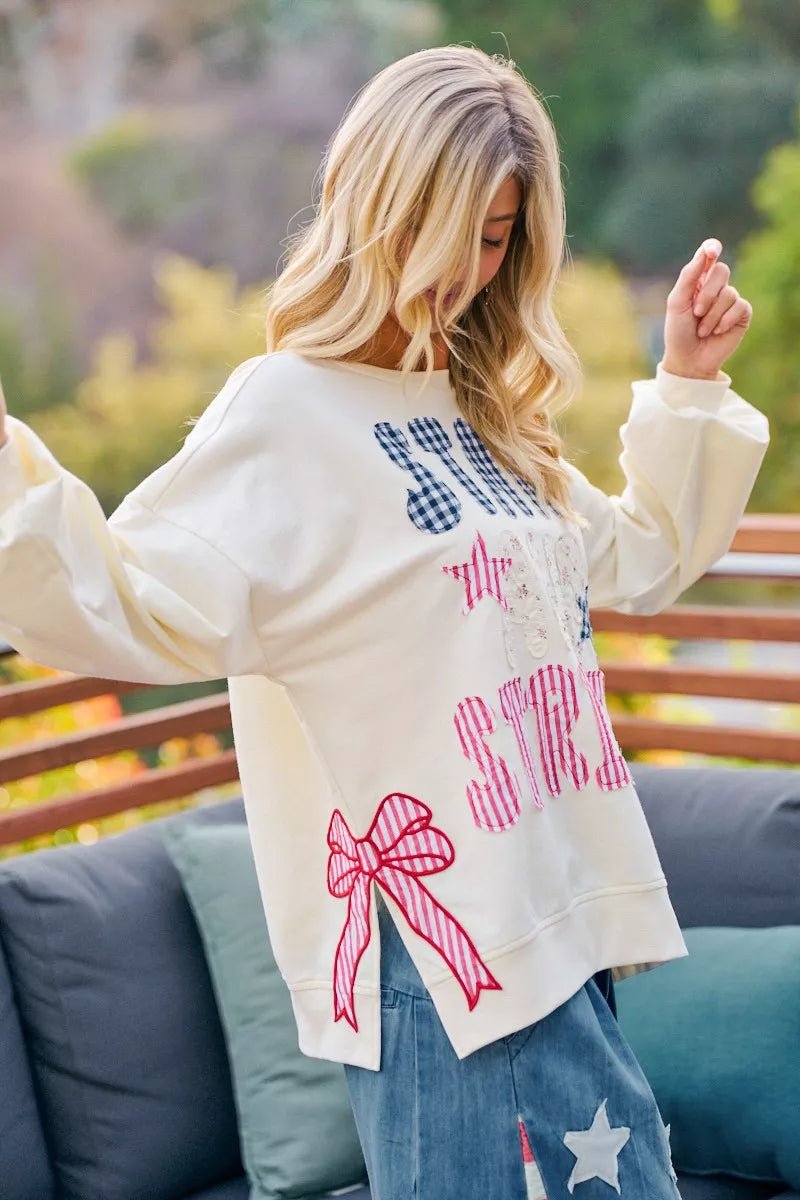 BiBi 4th Of July Stars And Stripes Patches Sweatshirt - Bitsy Gypsy Boutique