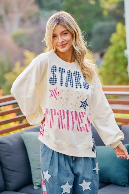 BiBi 4th Of July Stars And Stripes Patches Sweatshirt - Bitsy Gypsy Boutique