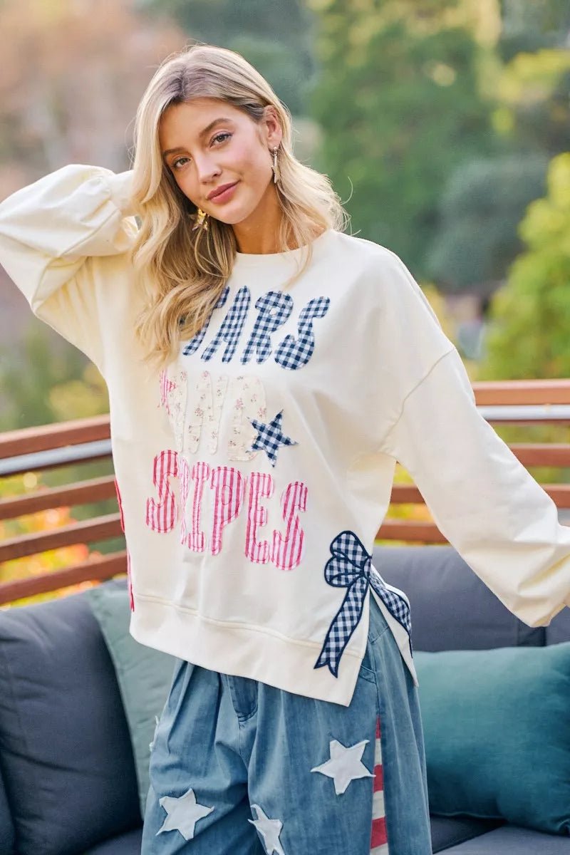 BiBi 4th Of July Stars And Stripes Patches Sweatshirt - Bitsy Gypsy Boutique