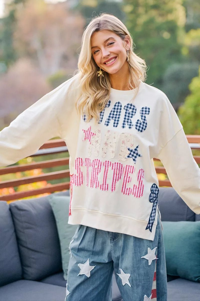 BiBi 4th Of July Stars And Stripes Patches Sweatshirt - Bitsy Gypsy Boutique