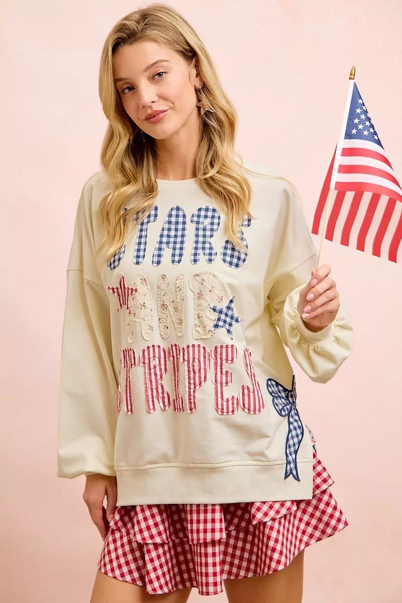 BiBi 4th Of July Stars And Stripes Patches Sweatshirt - Bitsy Gypsy Boutique