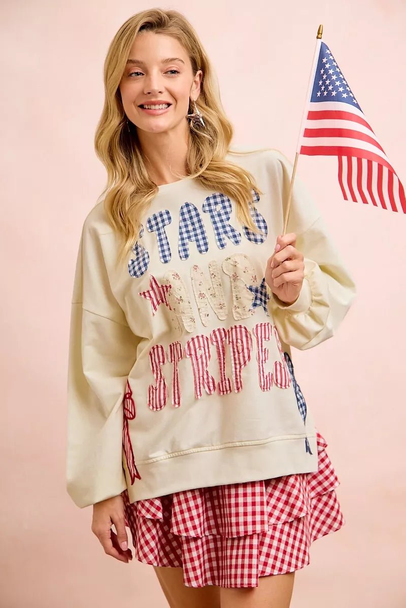 BiBi 4th Of July Stars And Stripes Patches Sweatshirt - Bitsy Gypsy Boutique