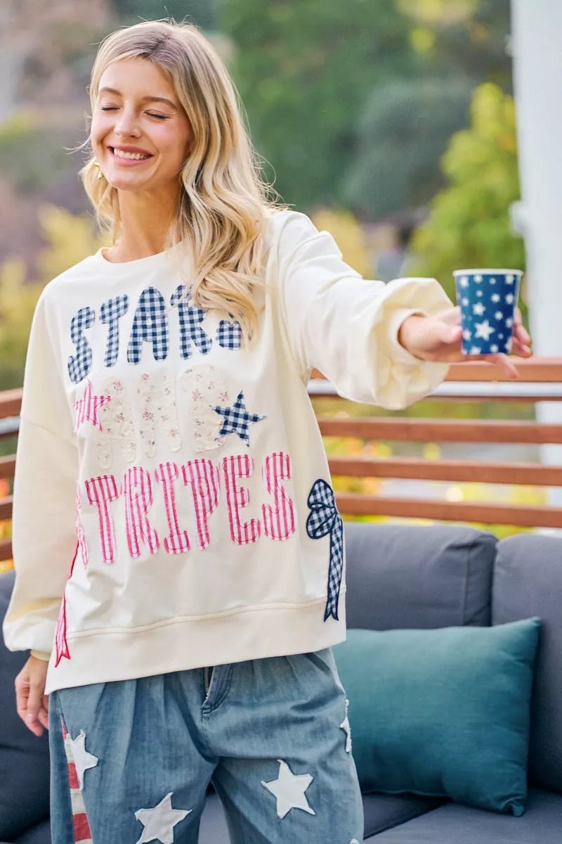 BiBi 4th Of July Stars And Stripes Patches Sweatshirt - Bitsy Gypsy Boutique