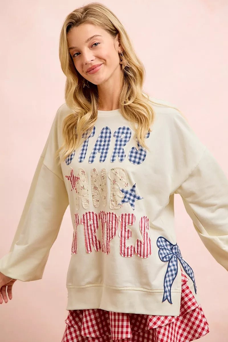 BiBi 4th Of July Stars And Stripes Patches Sweatshirt - Bitsy Gypsy Boutique