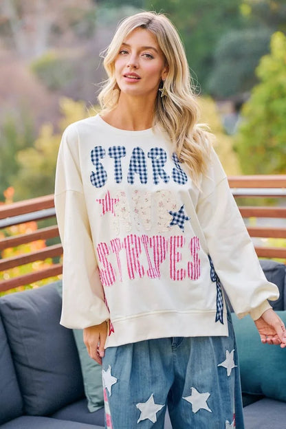 BiBi 4th Of July Stars And Stripes Patches Sweatshirt - Bitsy Gypsy Boutique