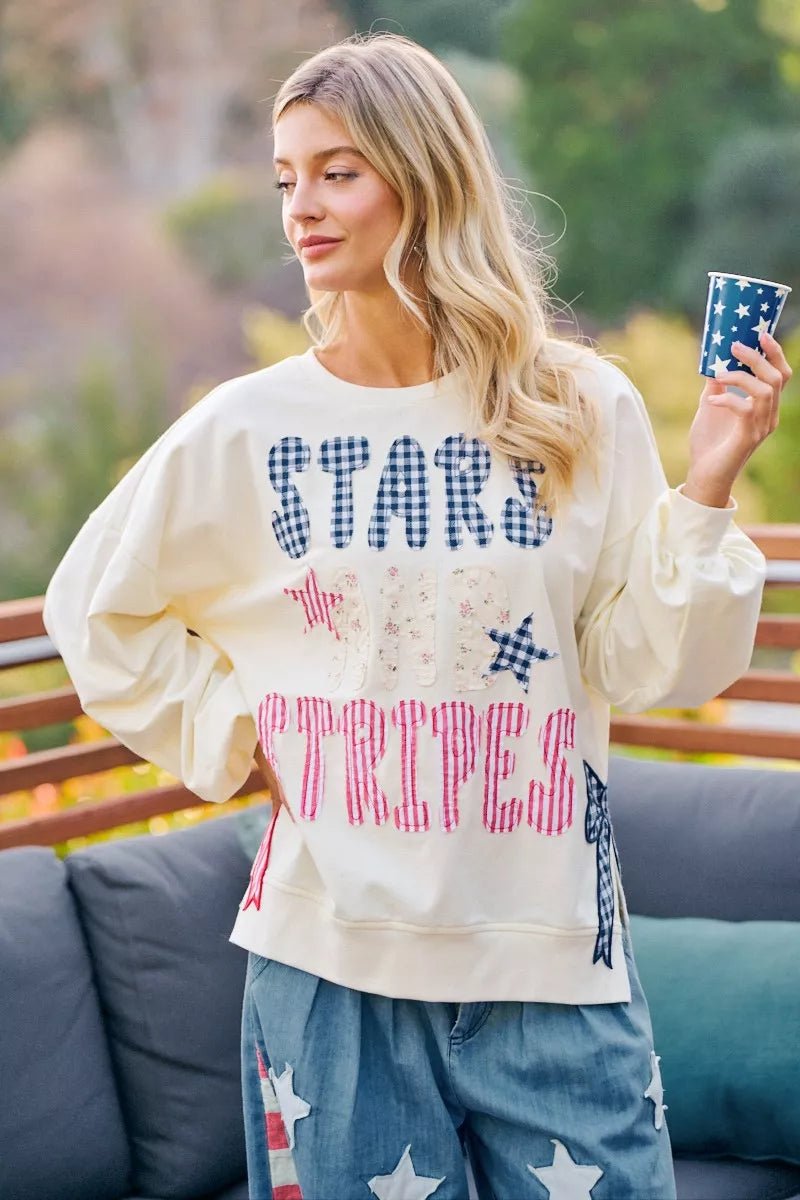 BiBi 4th Of July Stars And Stripes Patches Sweatshirt - Bitsy Gypsy Boutique