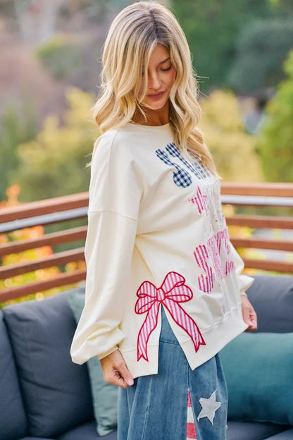 BiBi 4th Of July Stars And Stripes Patches Sweatshirt - Bitsy Gypsy Boutique