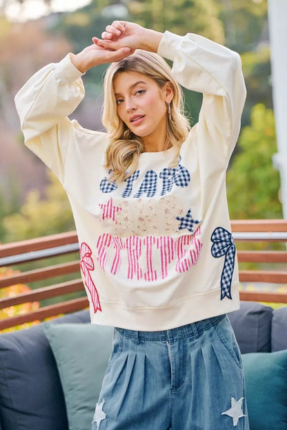 BiBi 4th Of July Stars And Stripes Patches Sweatshirt - Bitsy Gypsy Boutique