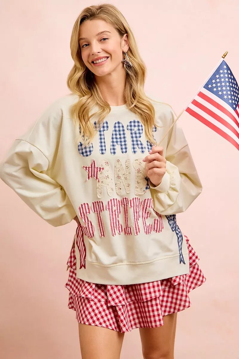 BiBi 4th Of July Stars And Stripes Patches Sweatshirt - Bitsy Gypsy Boutique