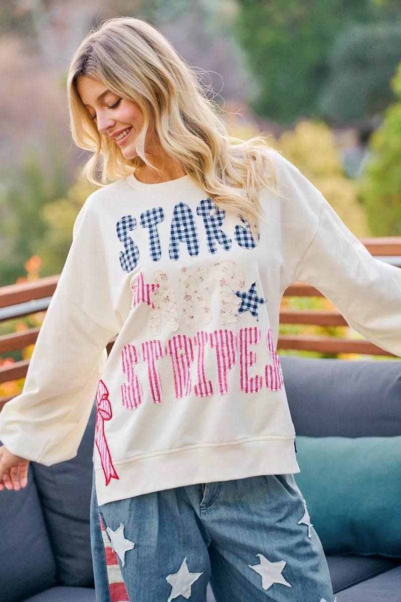 BiBi 4th Of July Stars And Stripes Patches Sweatshirt - Bitsy Gypsy Boutique