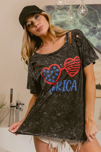 BiBi 4th Of July Theme Mineral Washed Laser Cut Top - Bitsy Gypsy Boutique