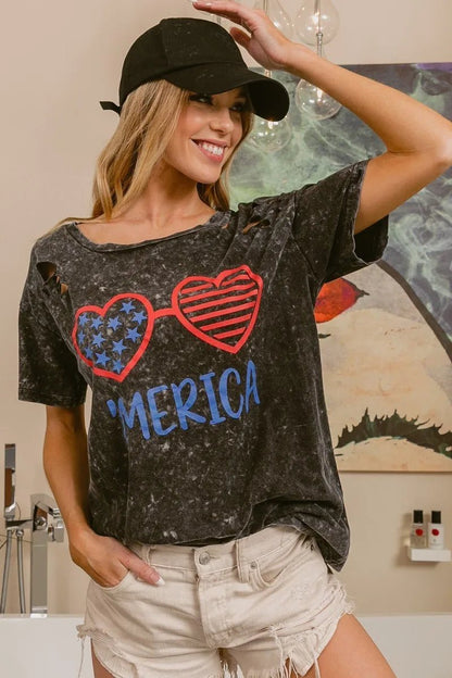 BiBi 4th Of July Theme Mineral Washed Laser Cut Top - Bitsy Gypsy Boutique