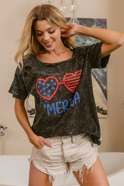 BiBi 4th Of July Theme Mineral Washed Laser Cut Top - Bitsy Gypsy Boutique